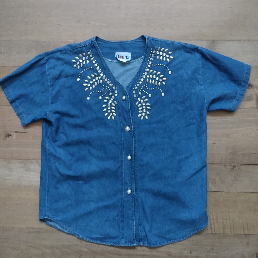 Denim Cardigan Overshirt, Large, With Decorative Metal Studs